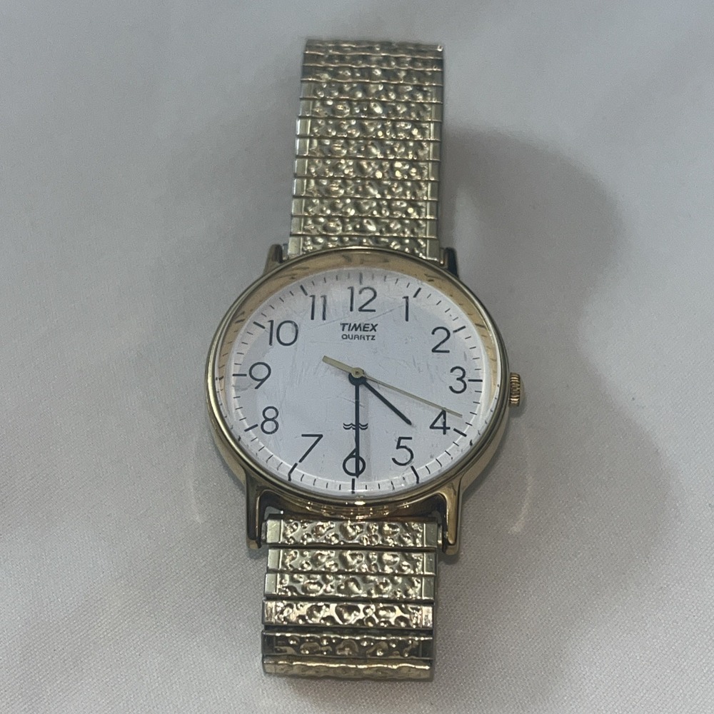 Vintage Gold Band Timex Watch. LA CELL. White Face. Metal Band. Needs‎ Battery